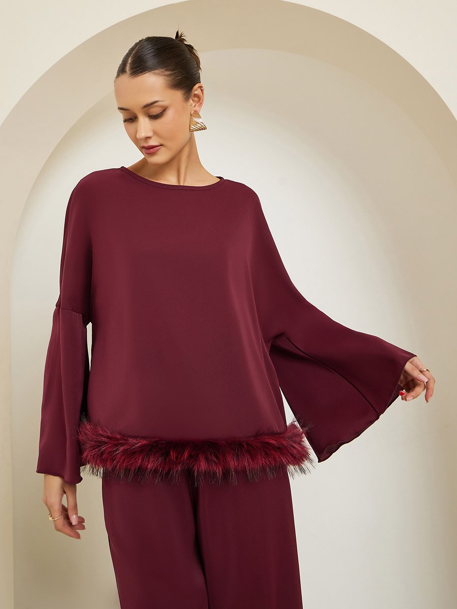 Burgundy Faux Feather Trim Blouse and Pants Co-ords