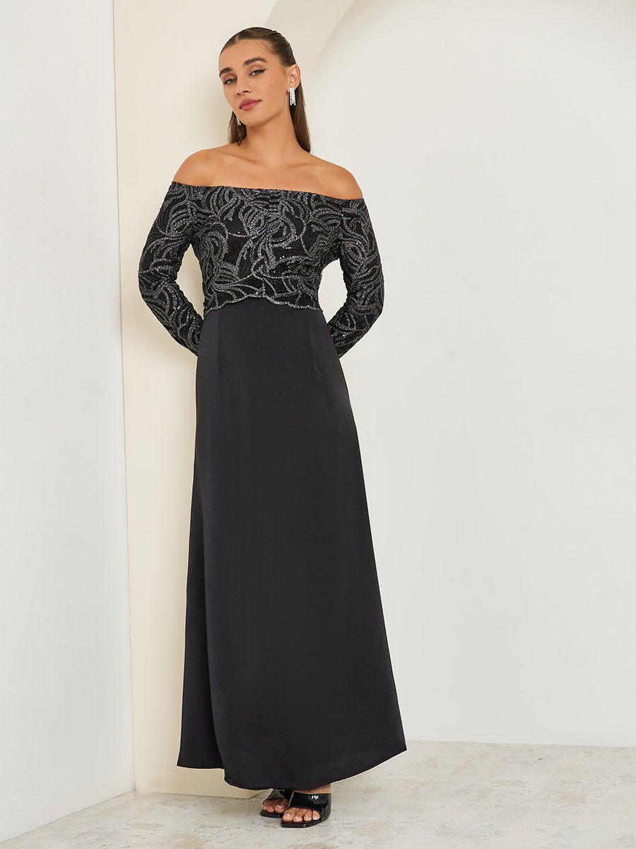 Black Off Shoulder Embellished Maxi Dress