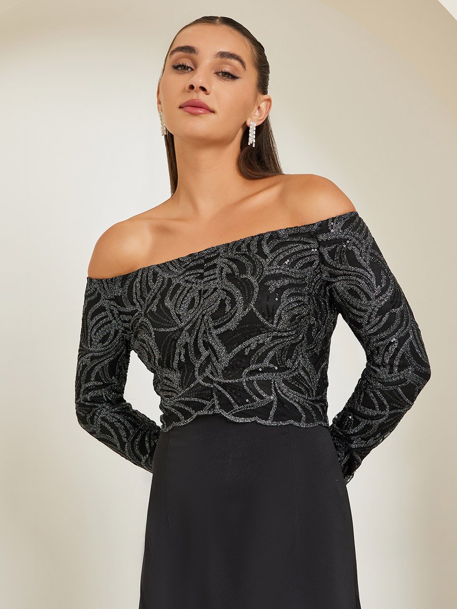 Black Off Shoulder Embellished Maxi Dress