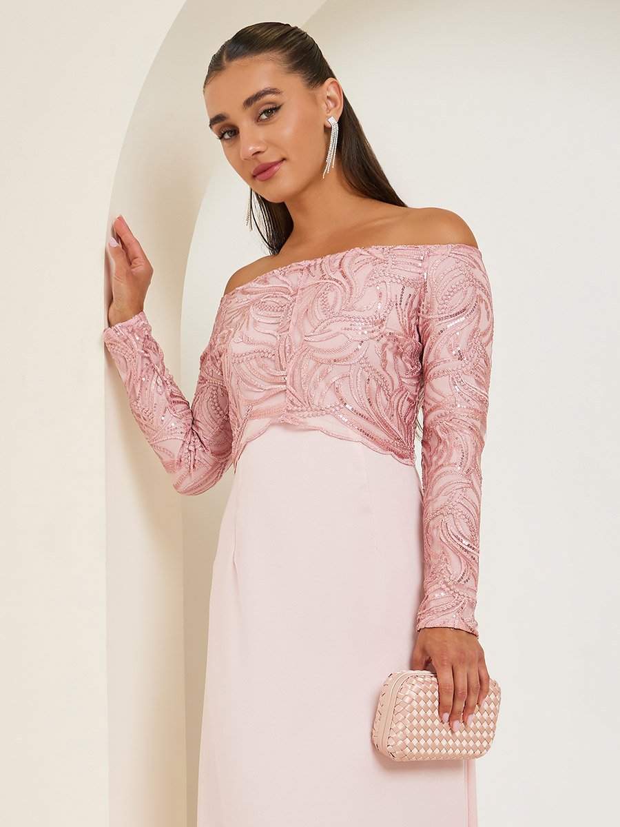 Light Pink Off Shoulder Embellished Maxi Dress For Women at Kuwait | Styli Light Pink Off Shoulder Embellished Maxi Dress For Women at Kuwait | Styli