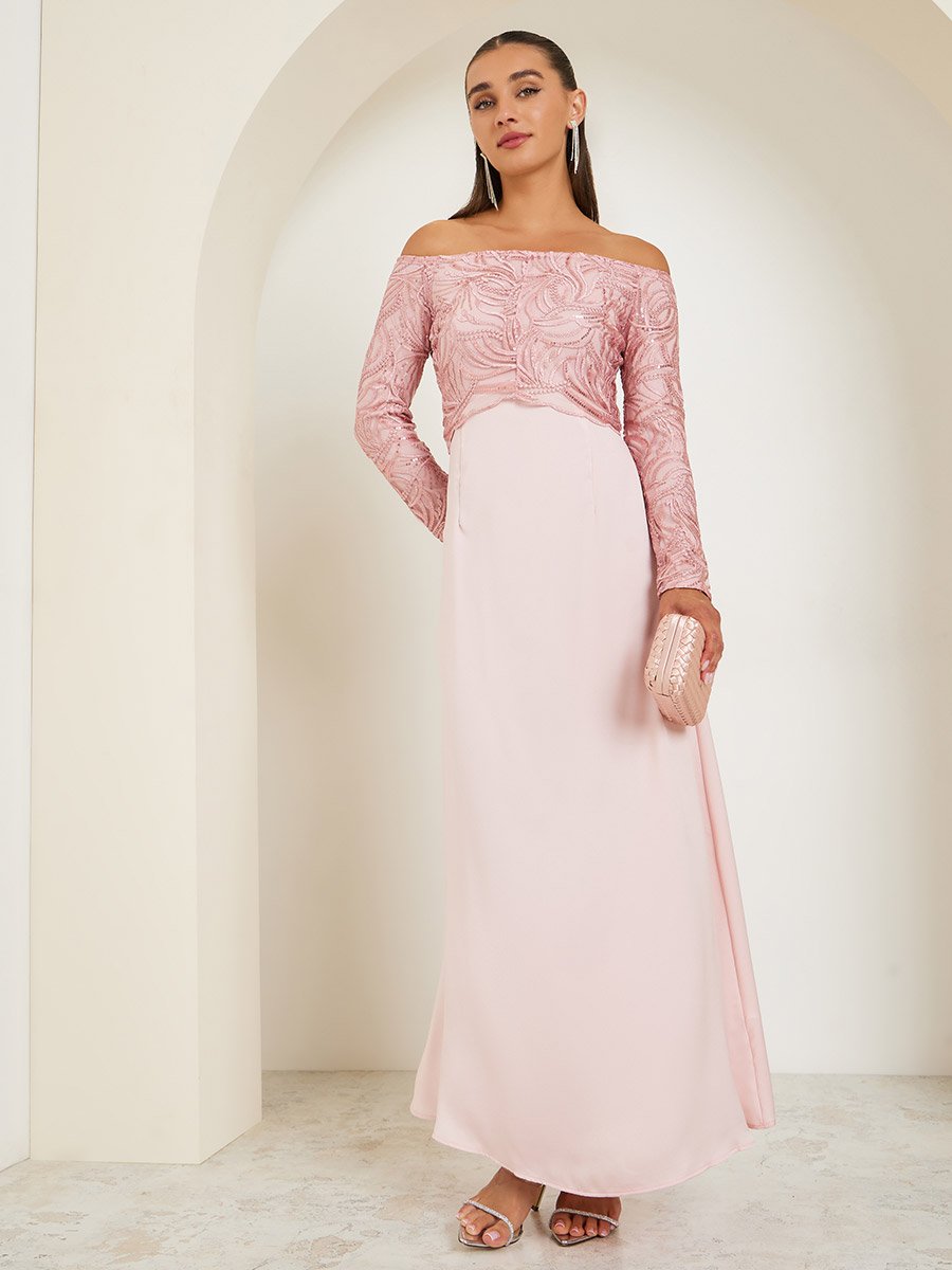 Light Pink Off Shoulder Embellished Maxi Dress