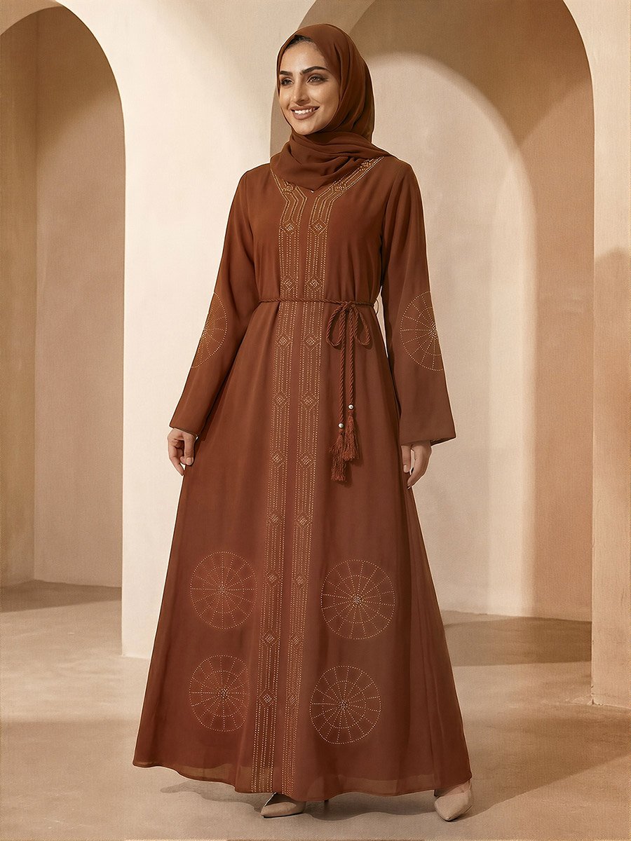 Women Brown Embellished Abaya with Hijab