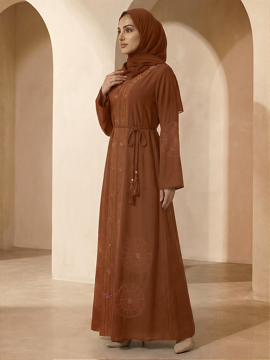 Women Brown Embellished Abaya with Hijab