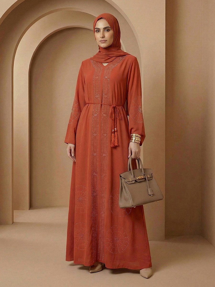 Women Orange Embellished Abaya with Hijab