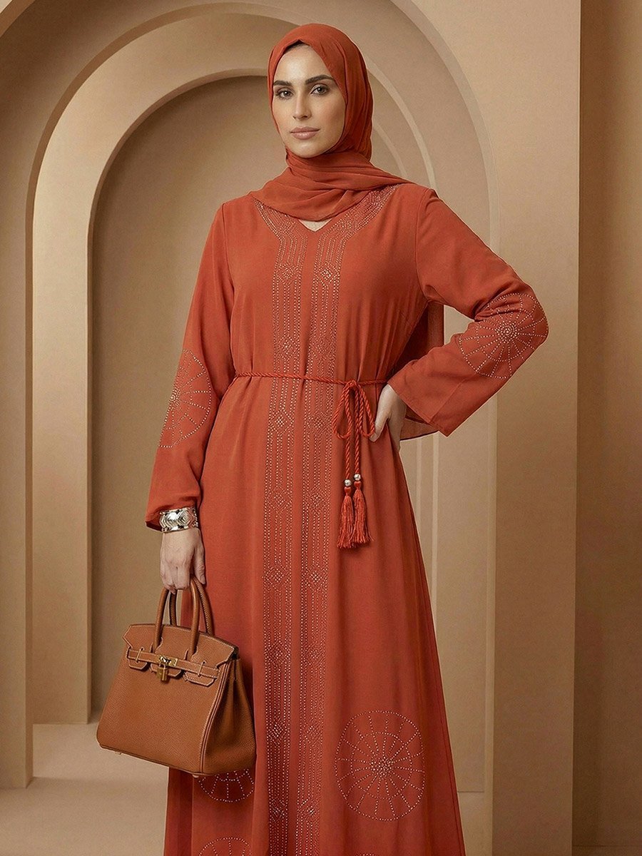 Women Orange Embellished Abaya with Hijab