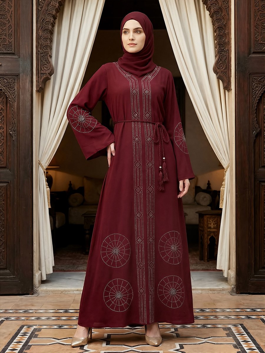 Women Maroon Embellished Abaya with Hijab