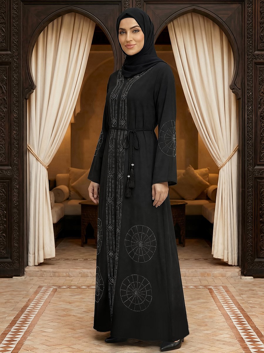 Women Black Embellished Abaya with Hijab