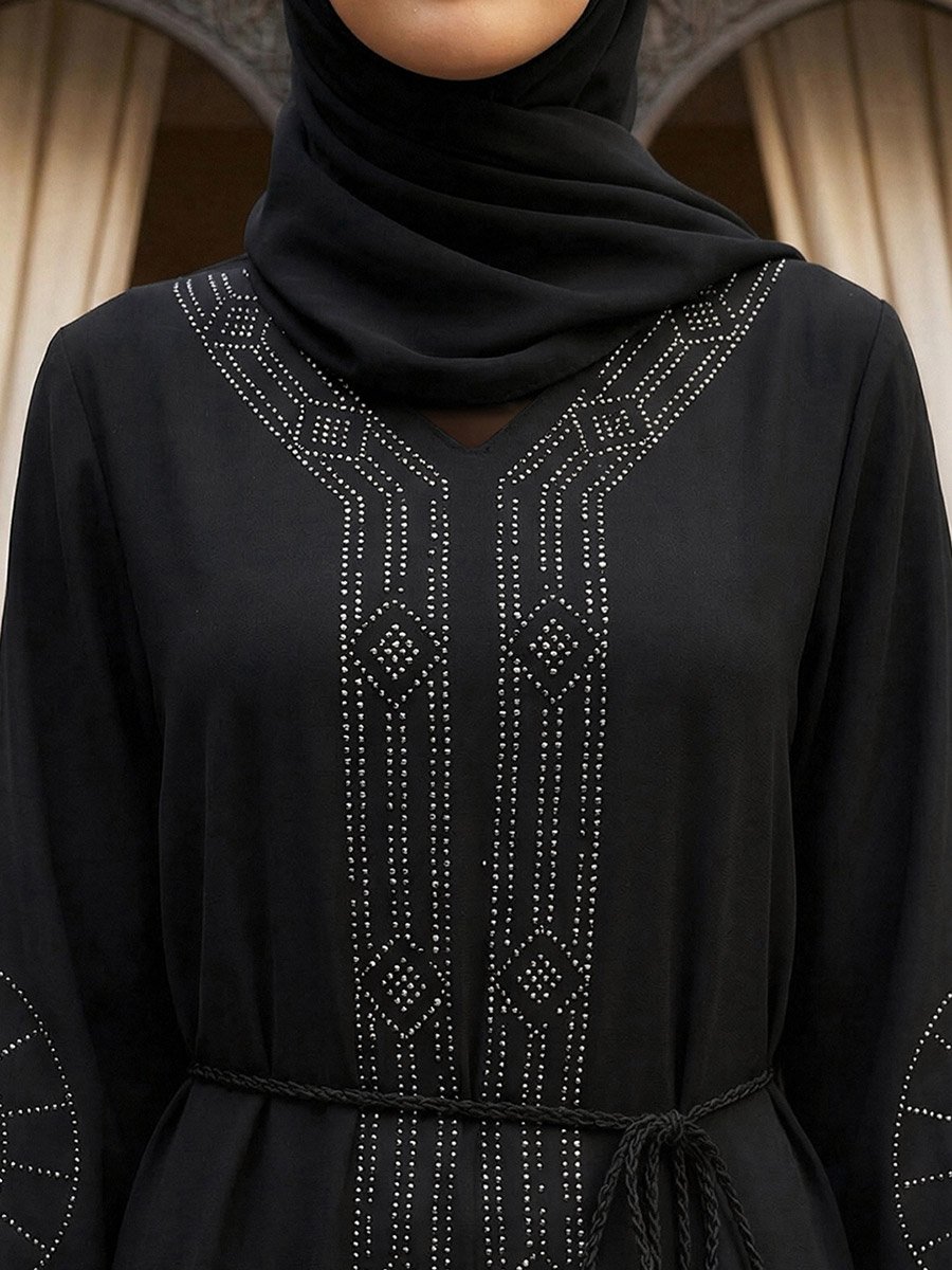 Women Black Embellished Abaya with Hijab