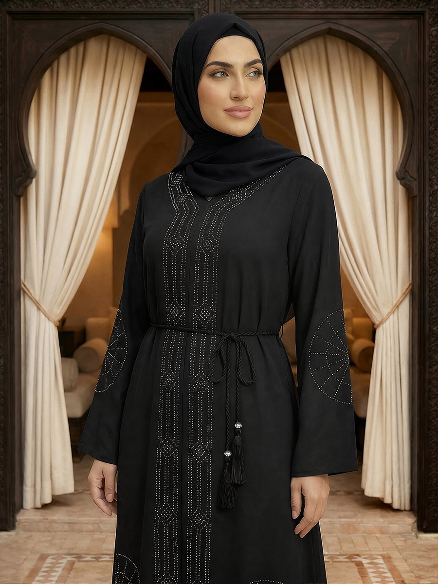 Women Black Embellished Abaya with Hijab