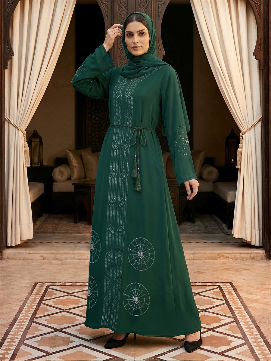 Women Emerald Green Embellished Abaya with Hijab For Women at UAE | Styli Women Emerald Green Embellished Abaya with Hijab For Women at UAE | Styli
