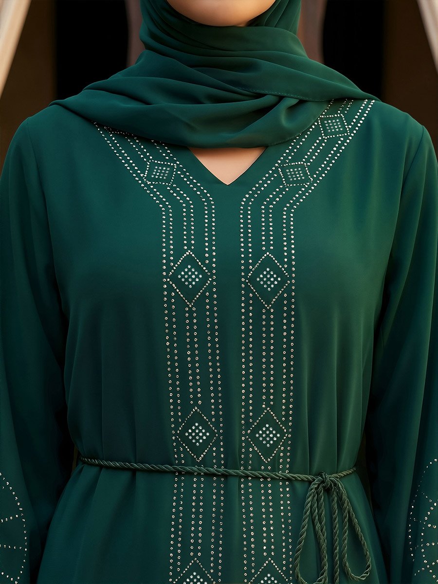 Women Emerald Green Embellished Abaya with Hijab