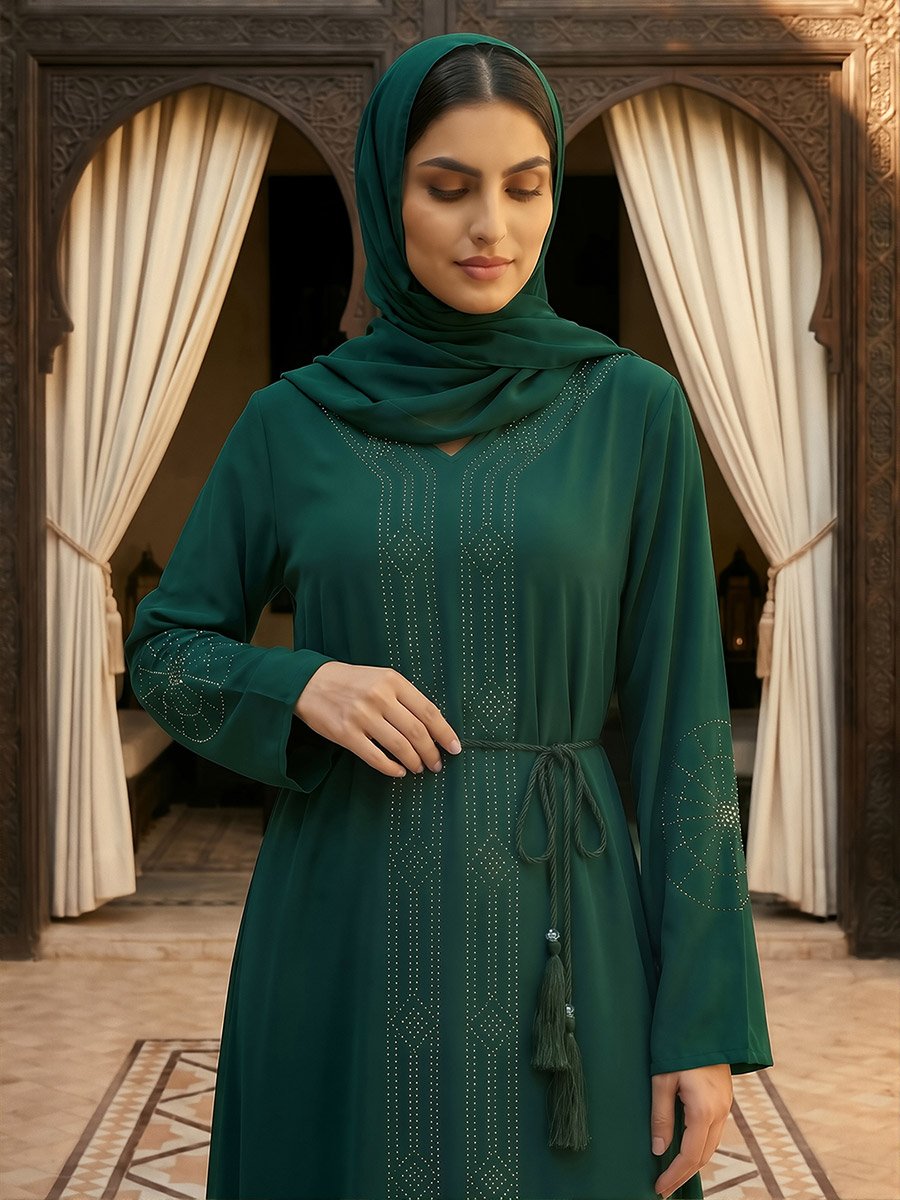 Women Emerald Green Embellished Abaya with Hijab