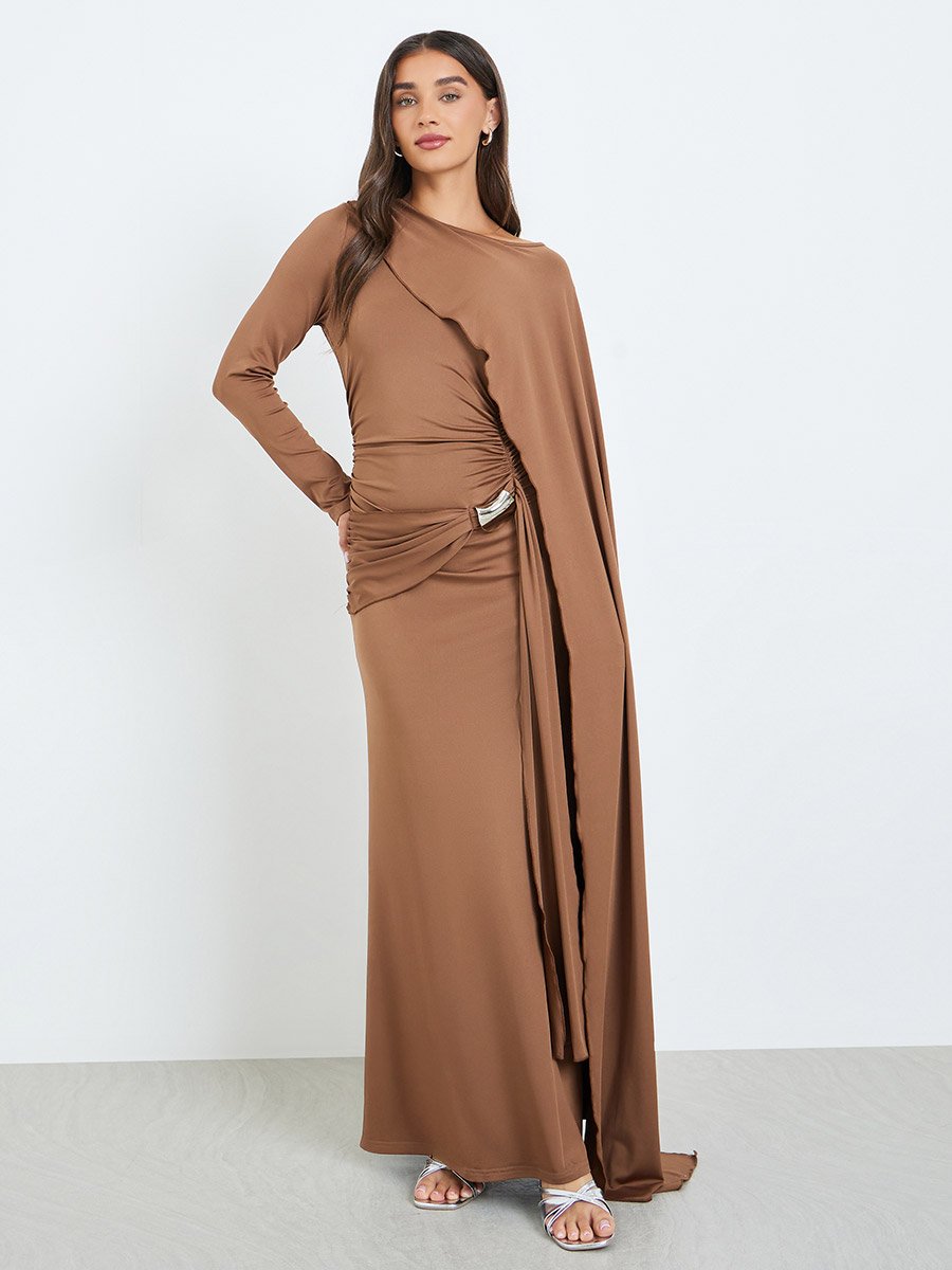 Women Brown Draped Maxi Dress with Metal Decor