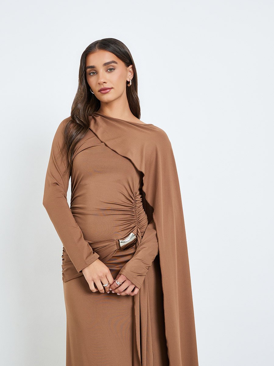 Women Brown Draped Maxi Dress with Metal Decor