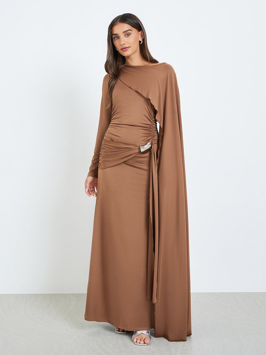 Women Brown Draped Maxi Dress with Metal Decor
