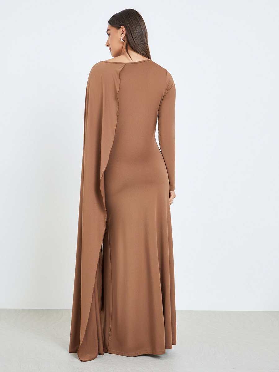 Women Brown Draped Maxi Dress with Metal Decor