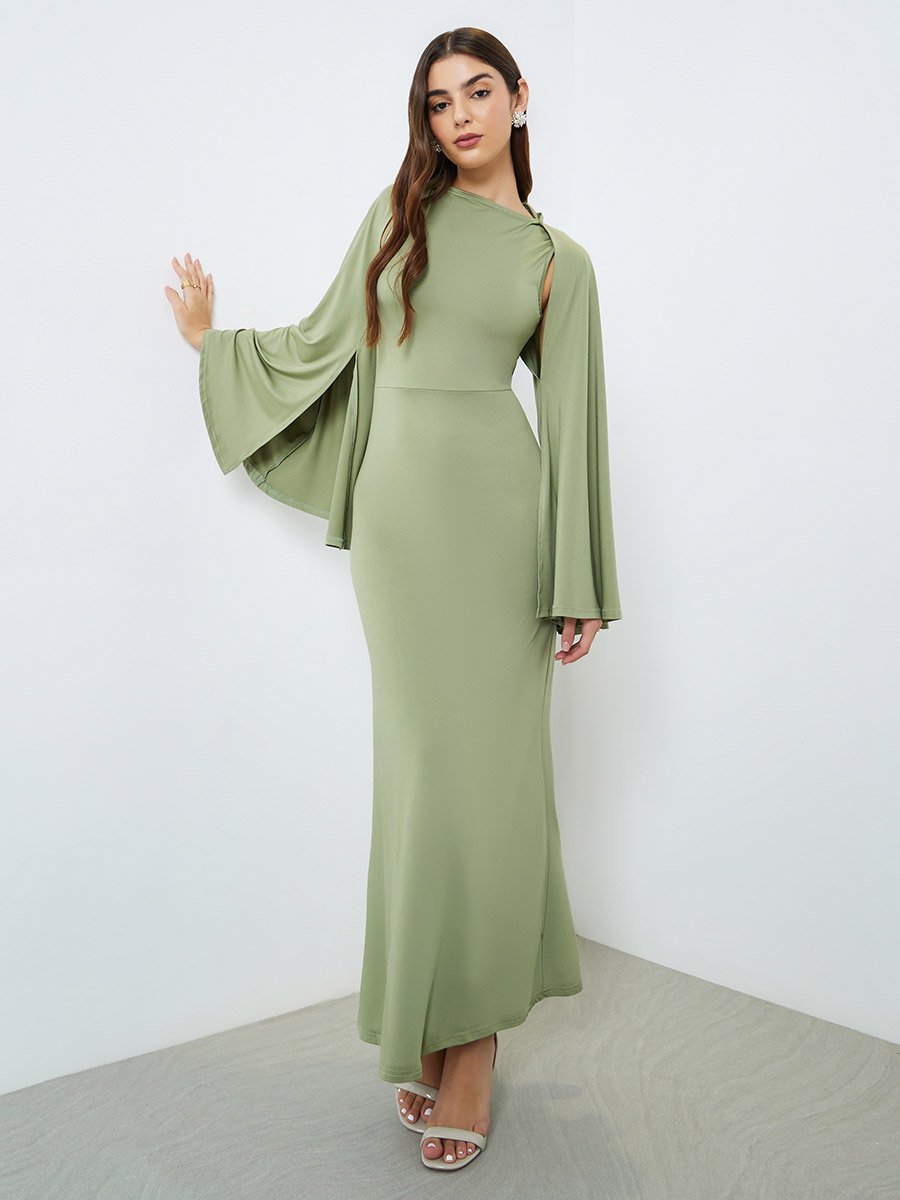 Women Khaki Cape Sleeve Bodycon Maxi Dress