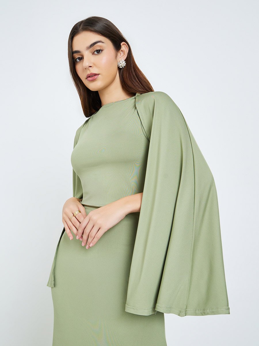 Women Khaki Cape Sleeve Bodycon Maxi Dress