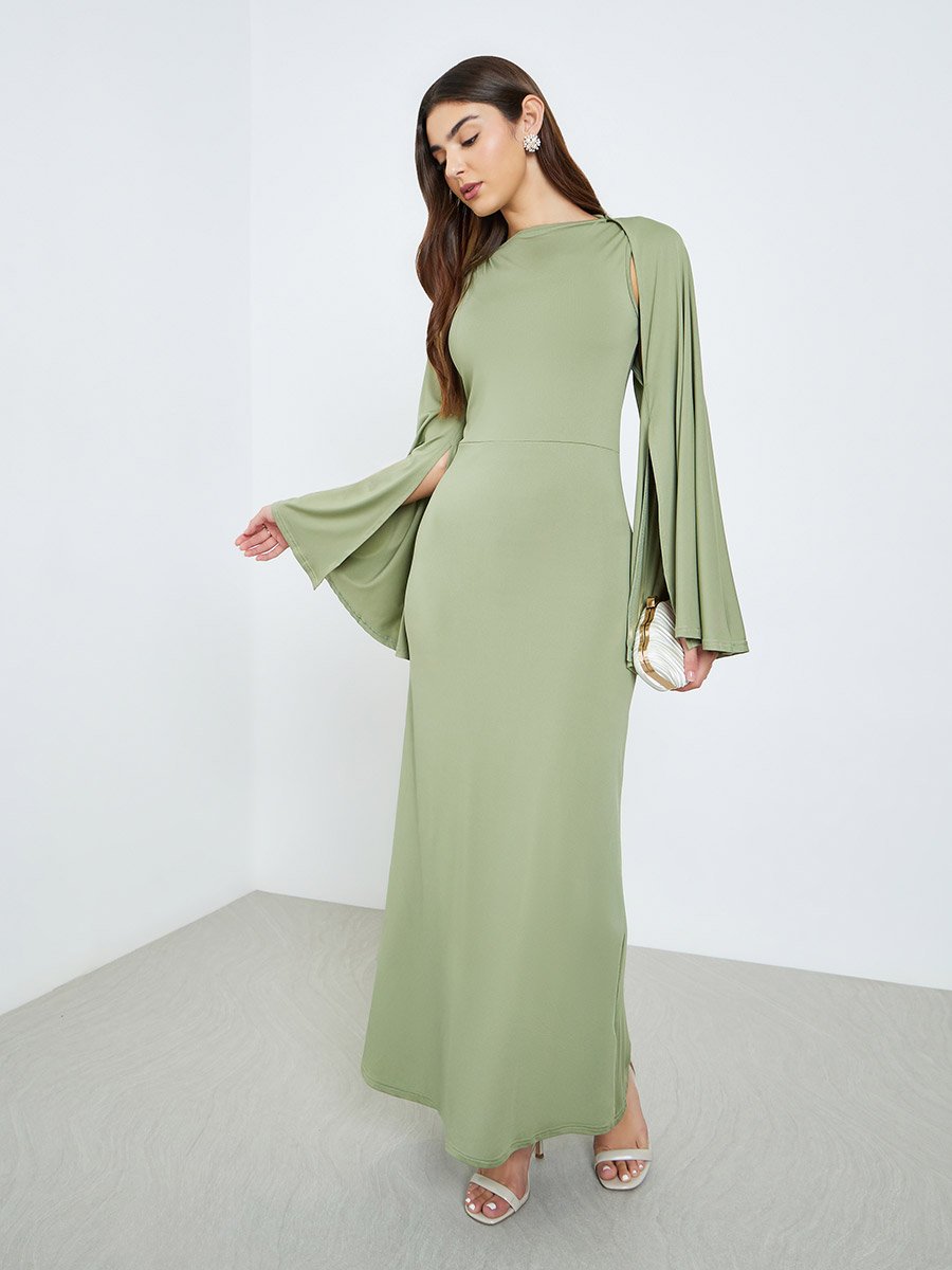 Women Khaki Cape Sleeve Bodycon Maxi Dress