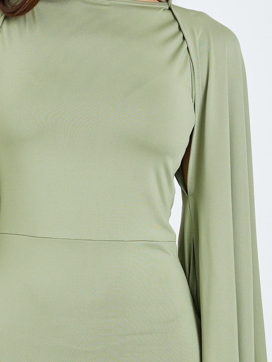 Women Khaki Cape Sleeve Bodycon Maxi Dress