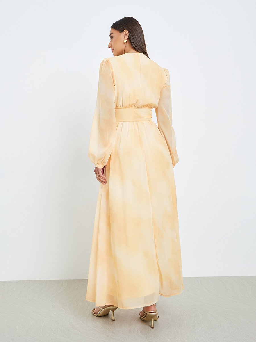 Women Yellow Tie-Dye Balloon Sleeve Maxi Dress For Women at Kuwait | Styli
