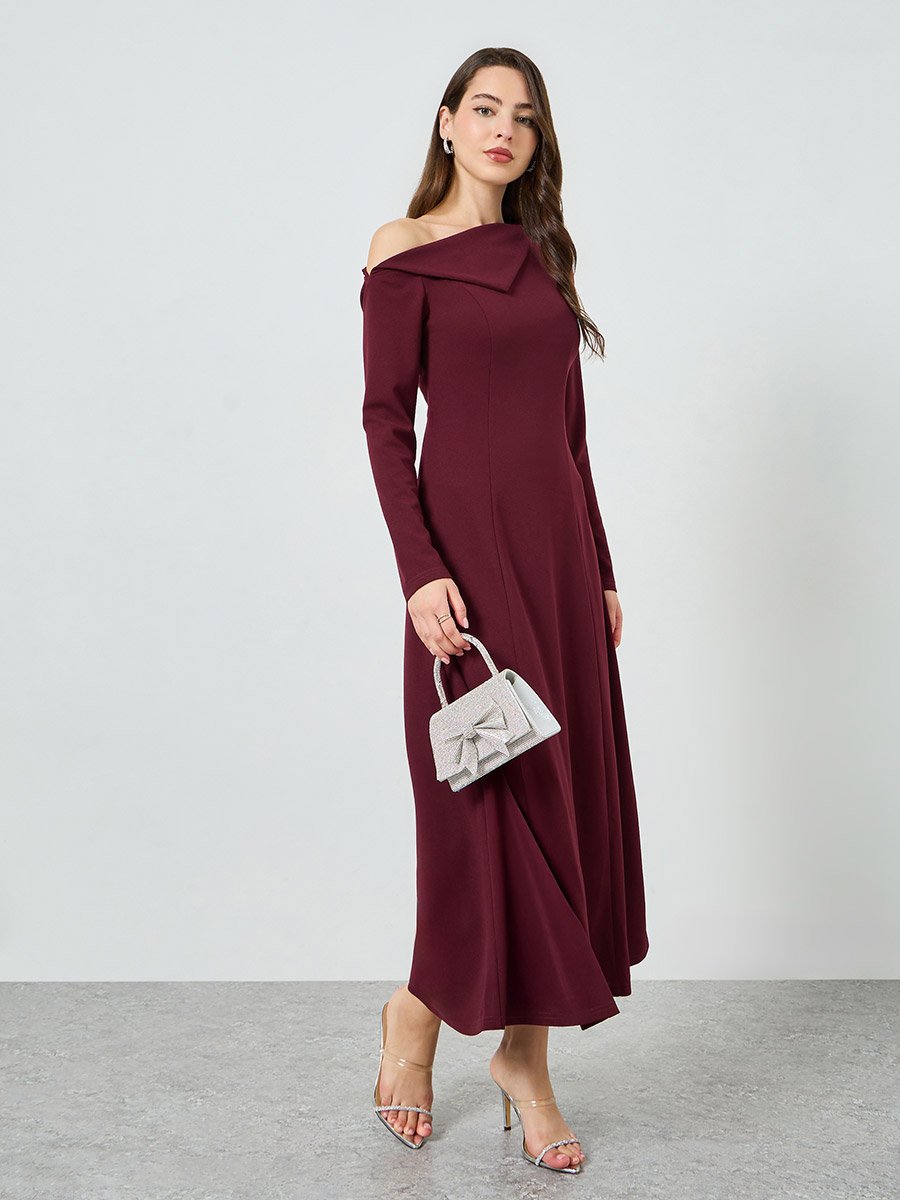 Burgundy Asymmetric Neck Midi Dress For Women at Saudi | Styli Burgundy Asymmetric Neck Midi Dress For Women at Saudi | Styli