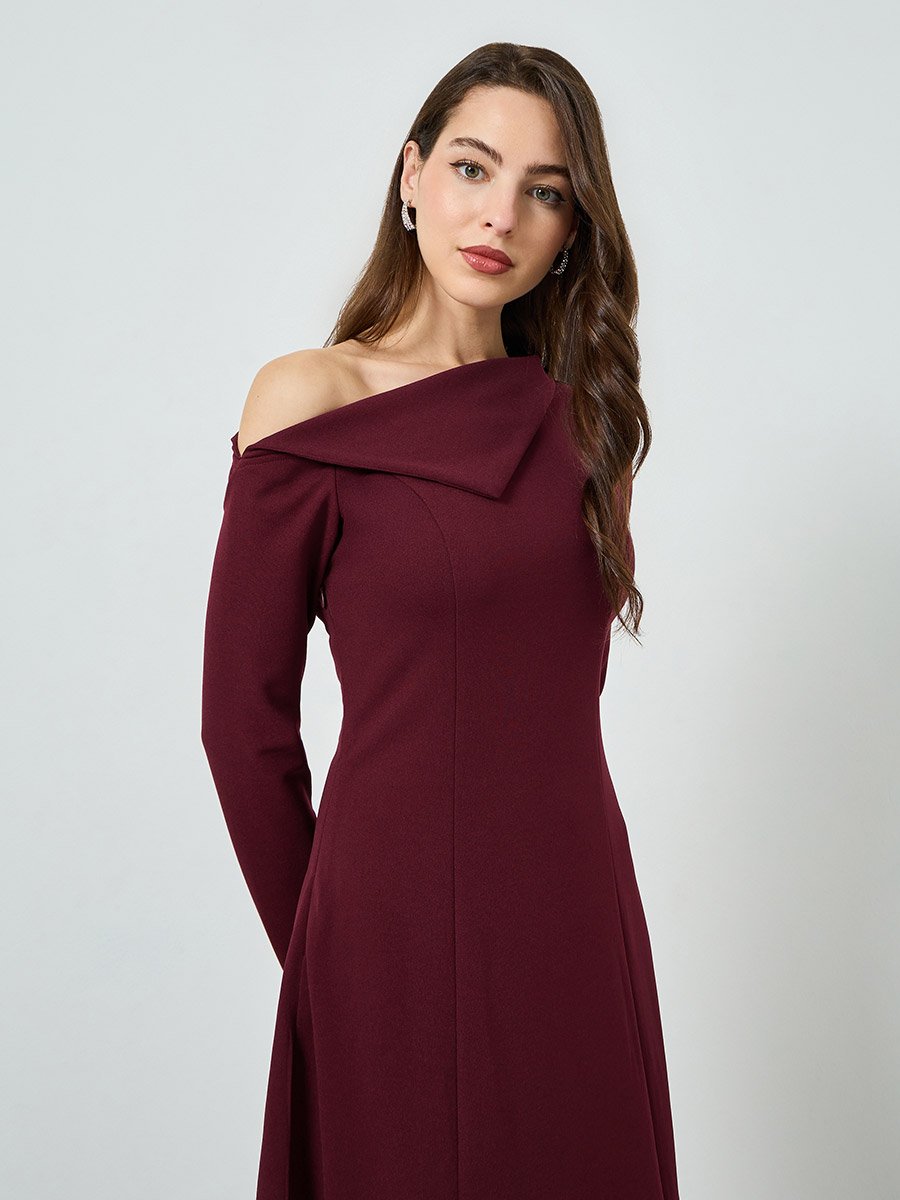Burgundy Asymmetric Neck Midi Dress For Women at Saudi | Styli Burgundy Asymmetric Neck Midi Dress For Women at Saudi | Styli