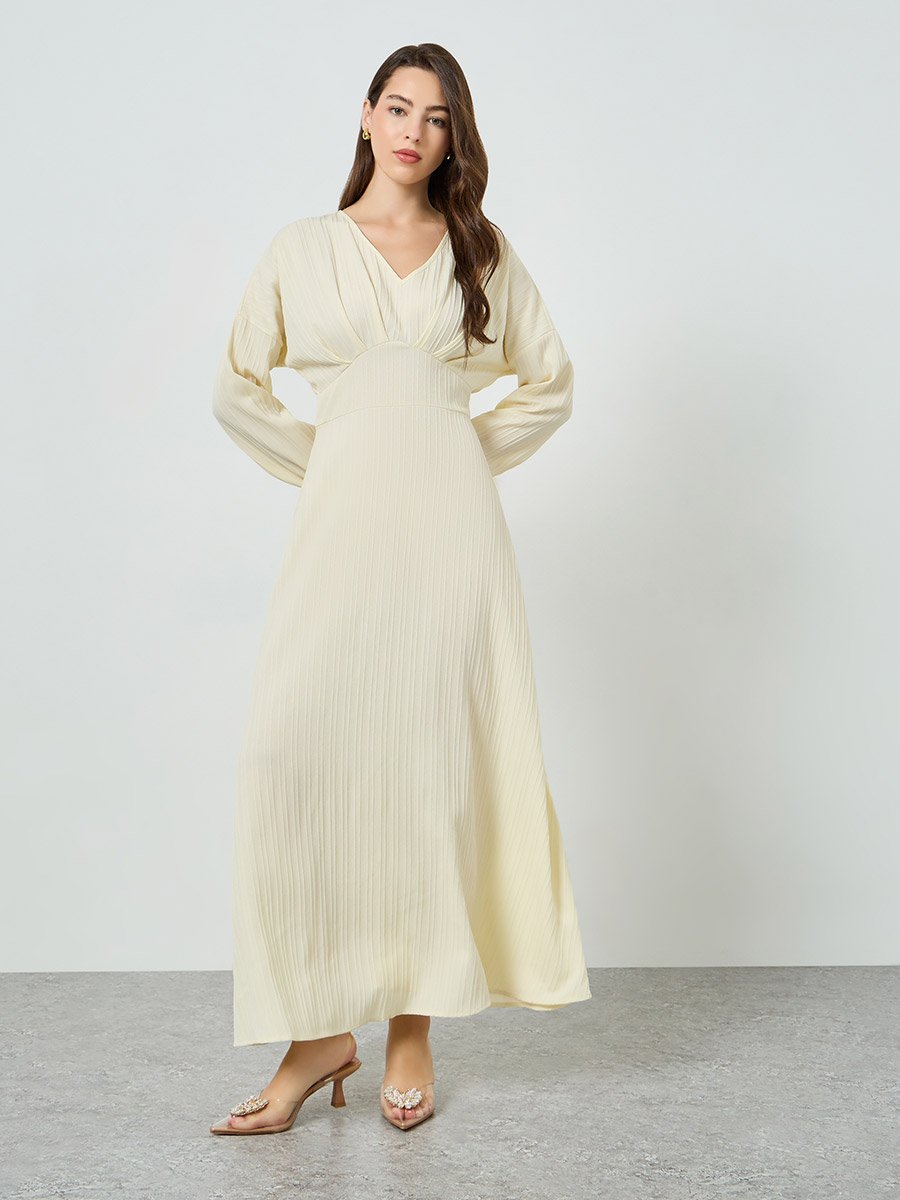 Beige Textured V Neck Maxi Dress