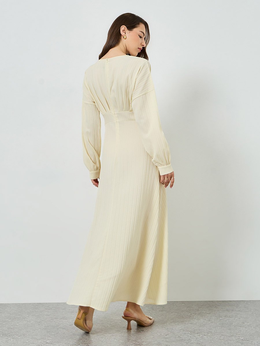 Beige Textured V Neck Maxi Dress