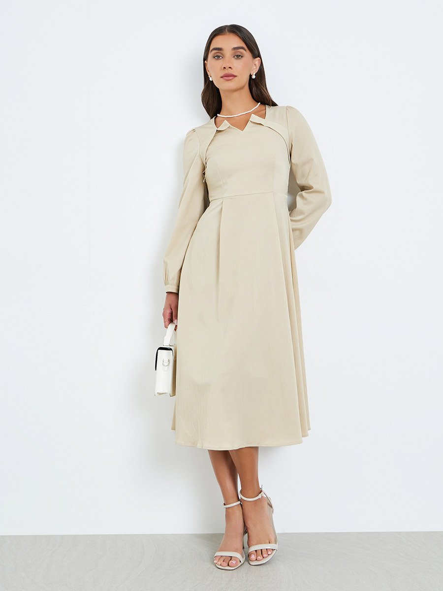Women Beige Long Sleeve A-Line Midi Dress For Women at UAE | Styli Women Beige Long Sleeve A-Line Midi Dress For Women at UAE | Styli