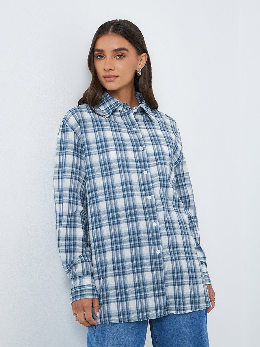 Women Blue Checkered Long Sleeve Oversized Shirt