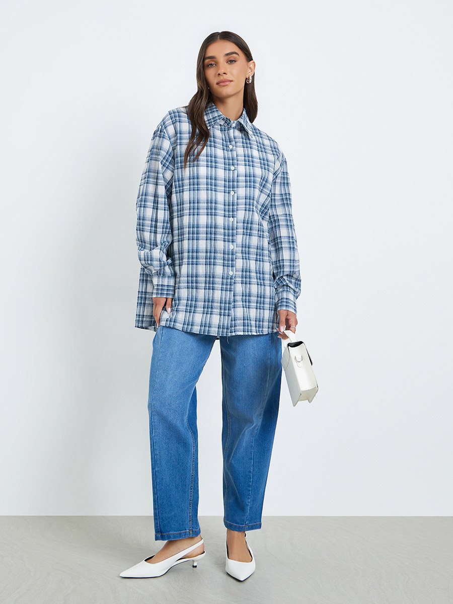 Women Blue Checkered Long Sleeve Oversized Shirt