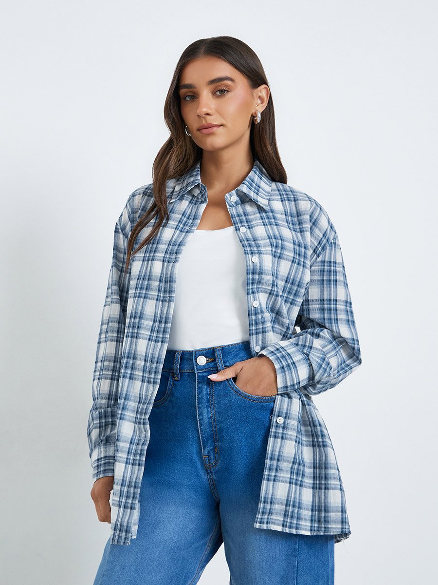 Women Blue Checkered Long Sleeve Oversized Shirt