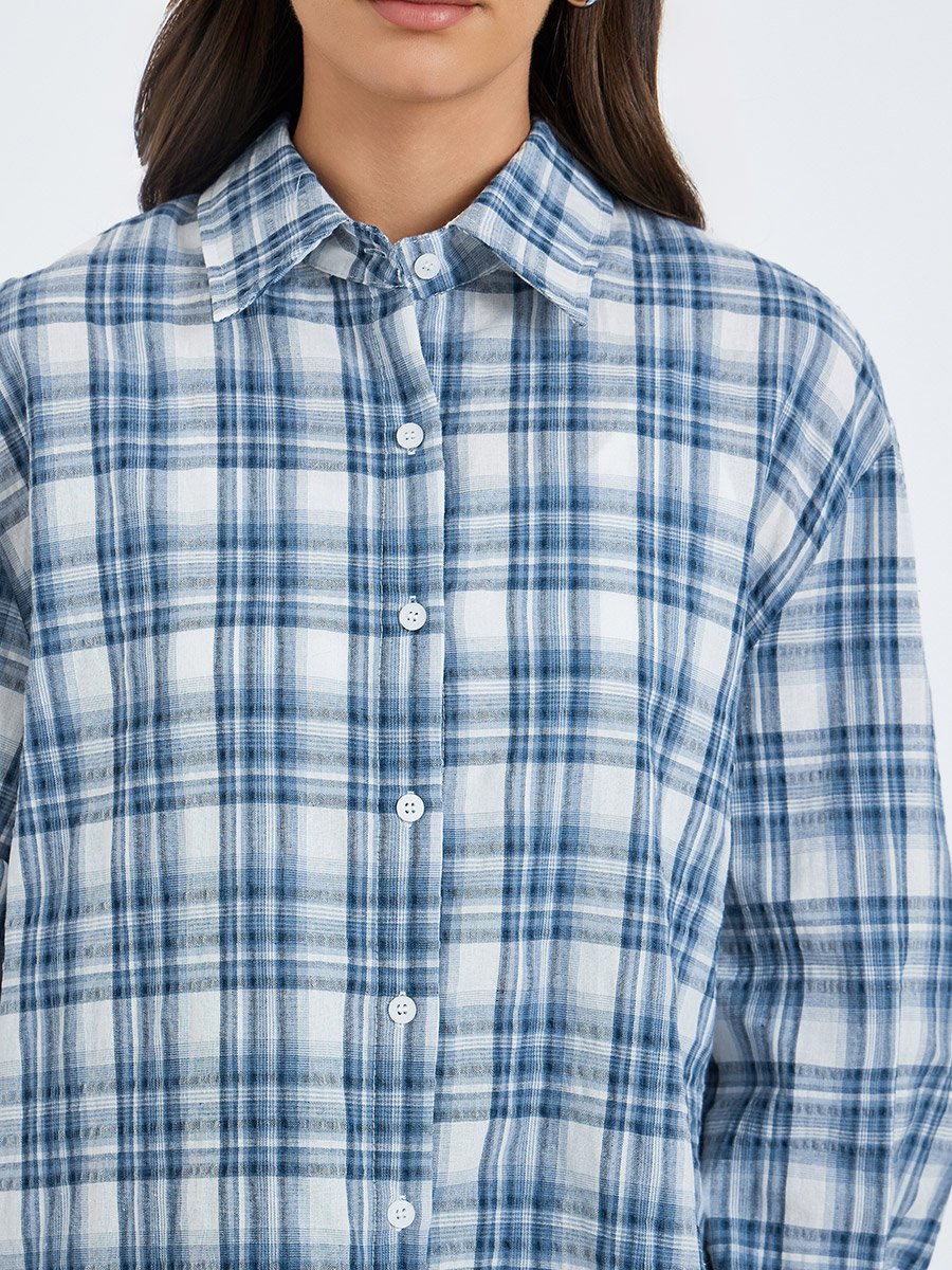 Women Blue Checkered Long Sleeve Oversized Shirt