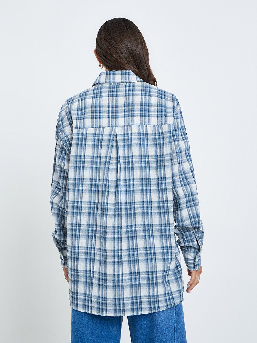 Women Blue Checkered Long Sleeve Oversized Shirt