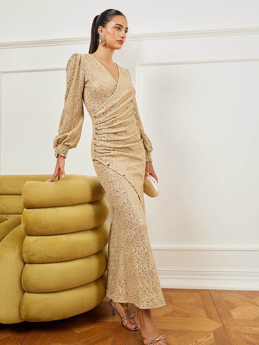 Gold Embellished Wrap Front Maxi Dress For Women at Kuwait | Styli