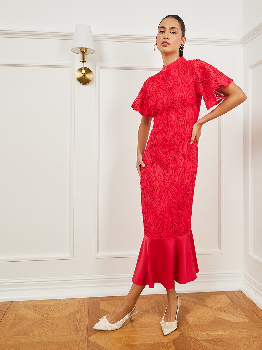Red Lace Short Sleeve Mermaid Hem Midi Dress