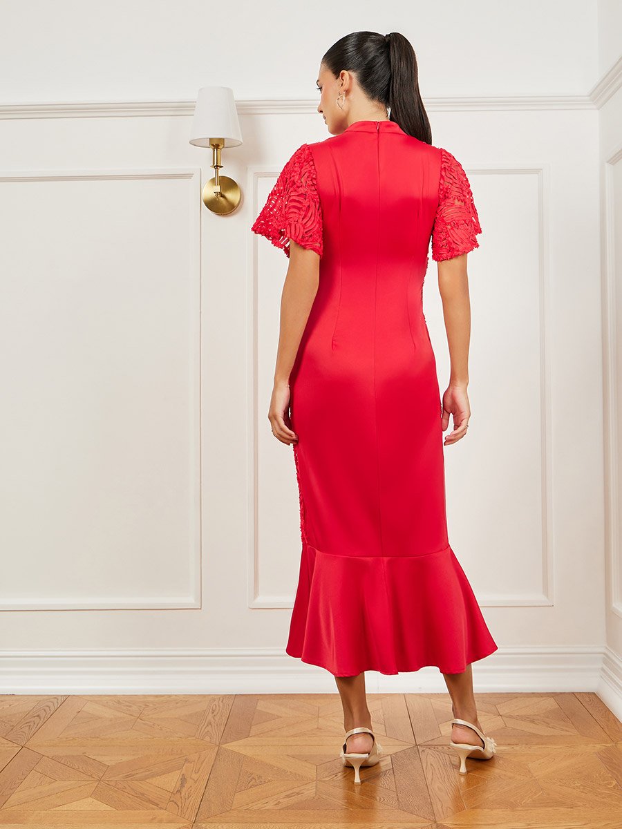 Red Lace Short Sleeve Mermaid Hem Midi Dress