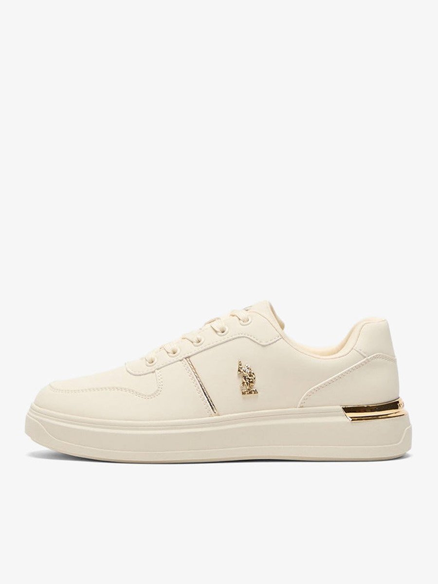 Women Beige Low-Top Sneakers with Gold Heel Accent