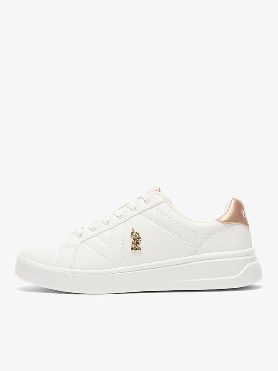 Women White Low-Top Sneakers with Gold Accent