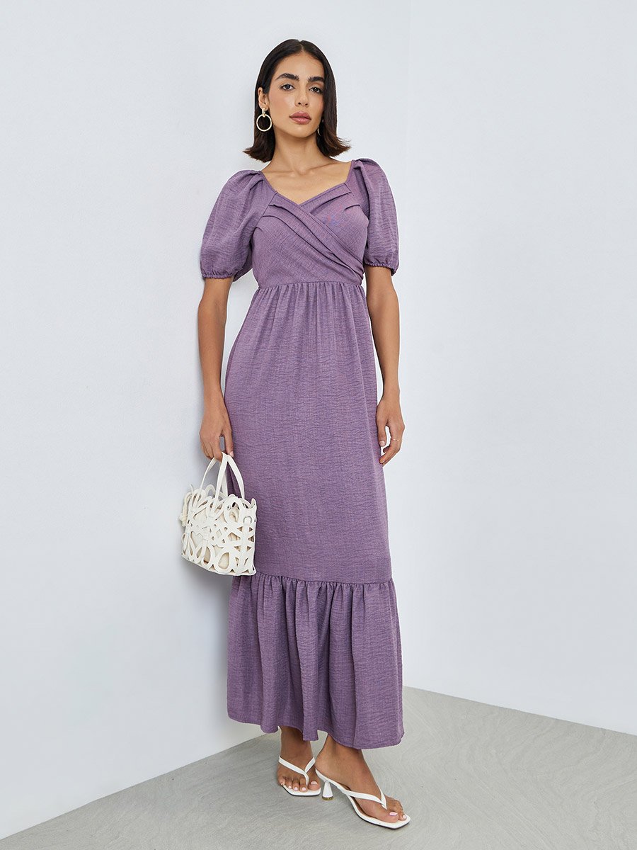 Lilac Fold Pleats Puff Sleeves A-Line Maxi Dress