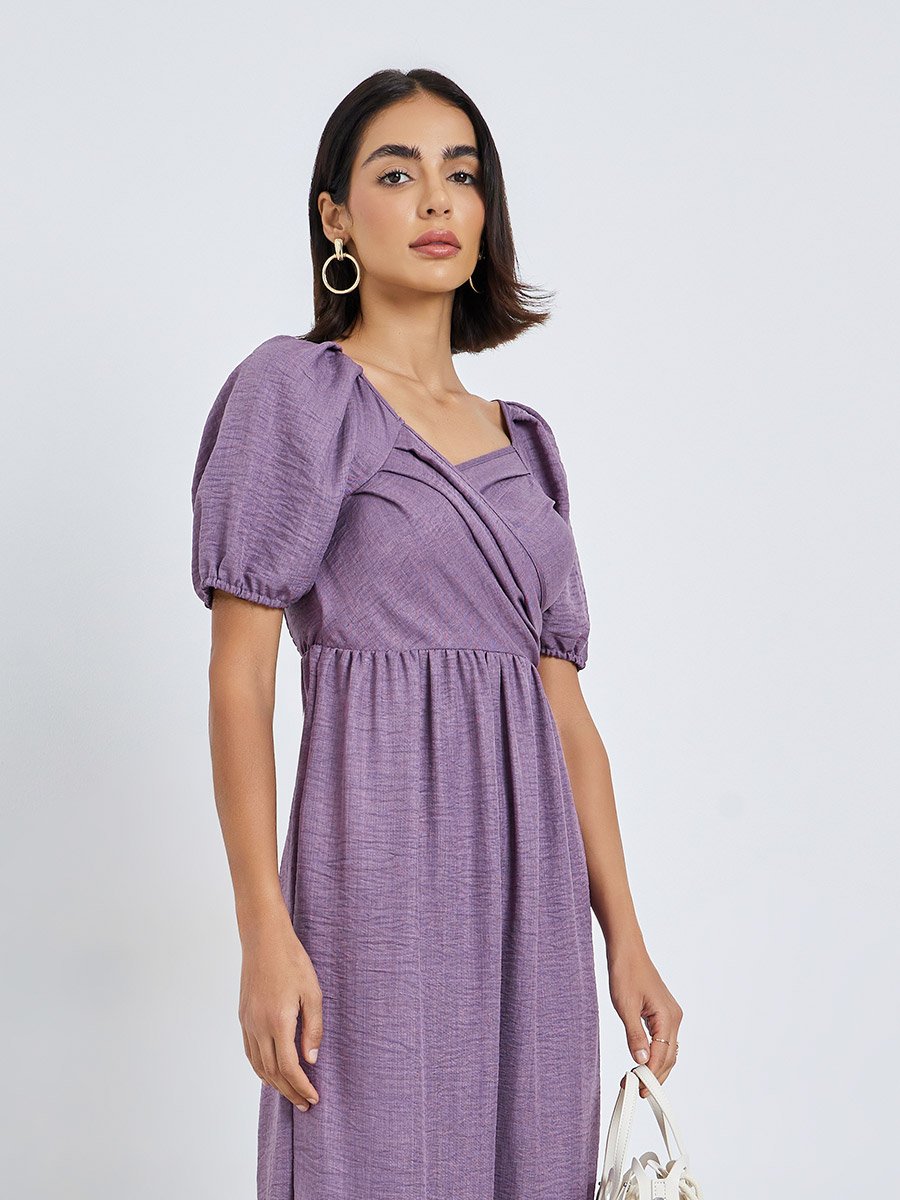 Lilac Fold Pleats Puff Sleeves A-Line Maxi Dress