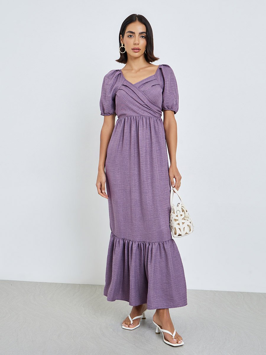 Lilac Fold Pleats Puff Sleeves A-Line Maxi Dress