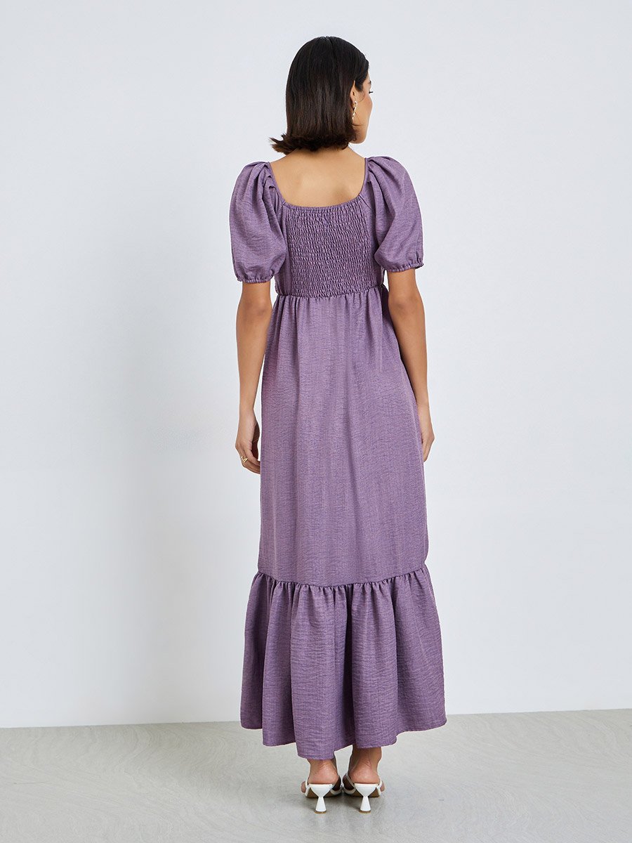 Lilac Fold Pleats Puff Sleeves A-Line Maxi Dress