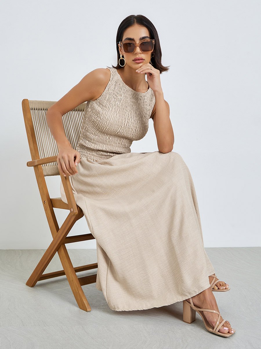 Beige Shirred A-Line Maxi Dress
