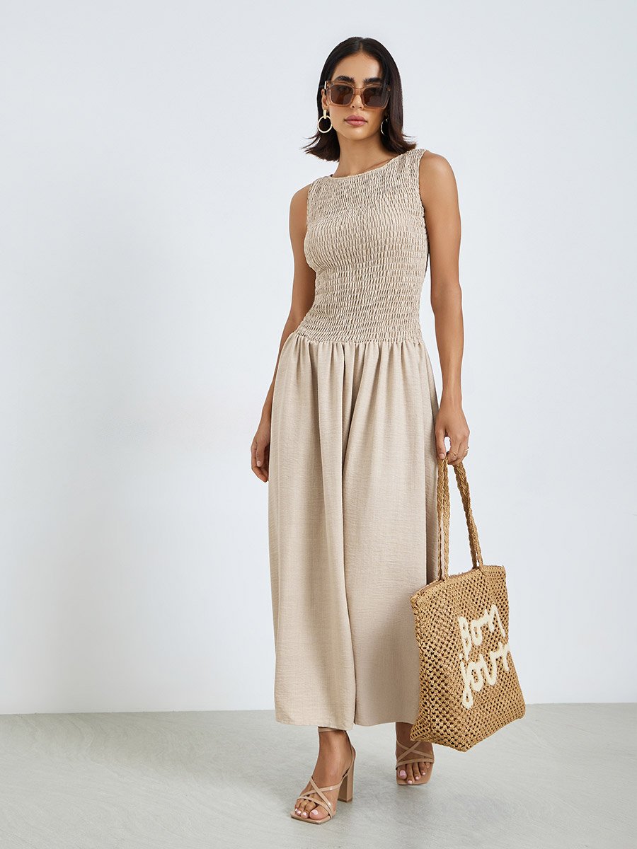 Beige Shirred A-Line Maxi Dress