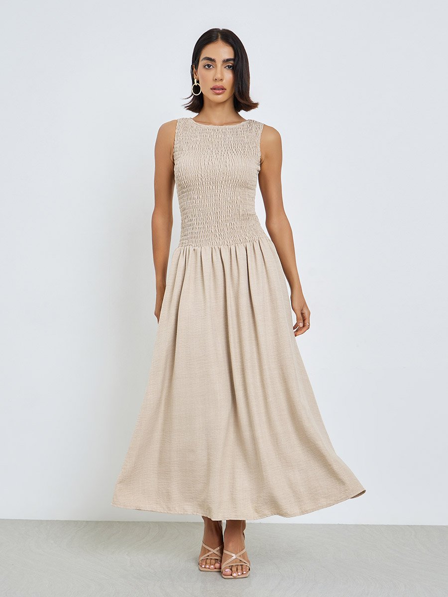 Beige Shirred A-Line Maxi Dress