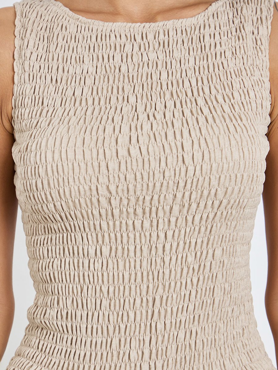 Beige Shirred A-Line Maxi Dress