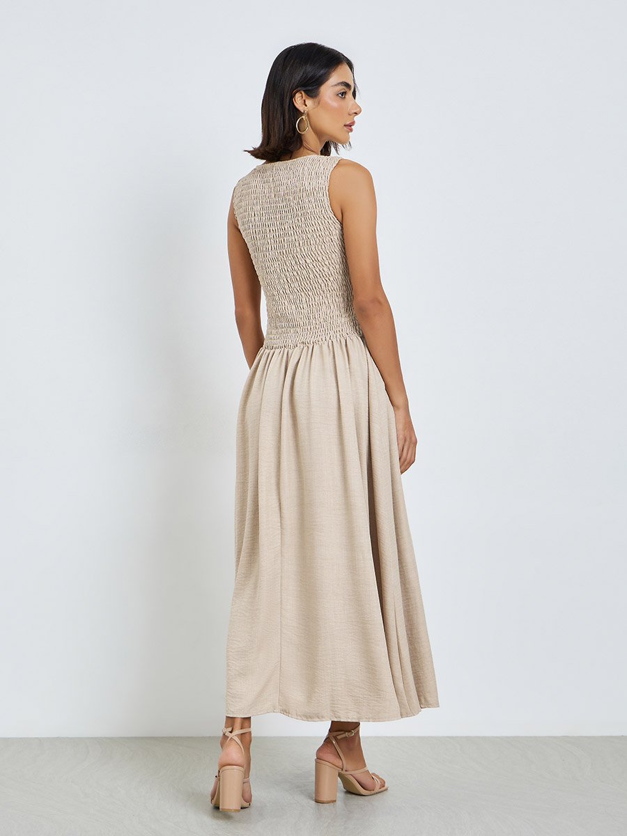 Beige Shirred A-Line Maxi Dress