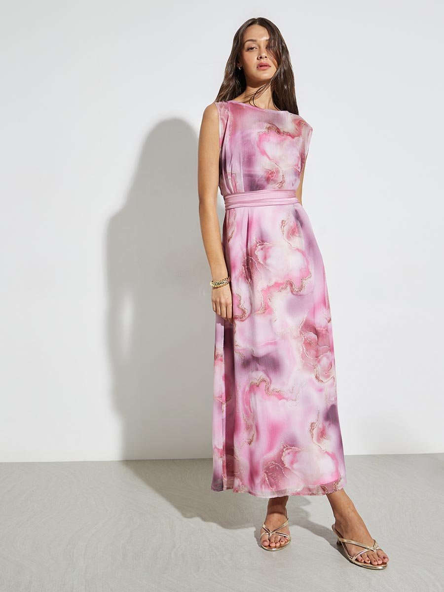 Pink Marble Tie-Dye Print A-Line Maxi Dress